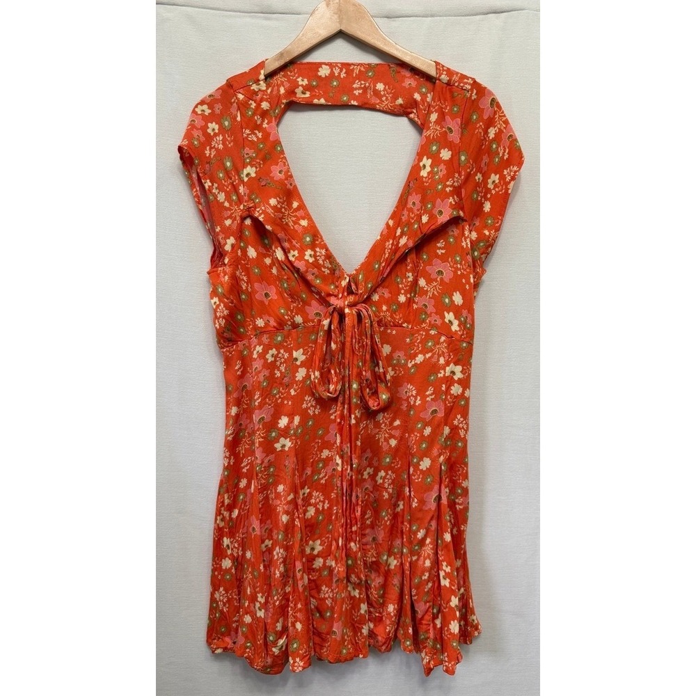NWT Free People Floral Tie Front Cutout Back Mini Dress Orange XL